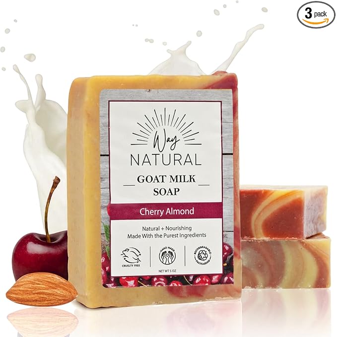 Goat Milk Soap Bar, Cherry Almond (3 Pack) - Premium, Handmade w/Real Milk in USA - Hand & Body Goat Soap - Dry Skin, Gentle, No Dyes - (Large, 5oz)