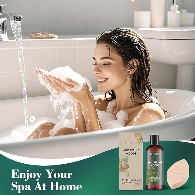 Birthday Spa Gift Set for Her - 6Pcs Bath and Body Kit with Shower Gel, Body Lotion, Bath Salt, Scrub, Massage Stick - Whispering Woods Spa Basket for Women Mom Wife Girlfriend