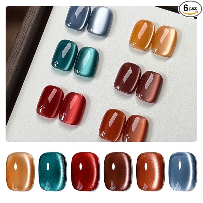 GAOY Silk Glitter Cat Eye Gel Polish Set with Magnet, 6 Colors IncludingJelly Red Green Brown Yellow UV LED Soak Off Nail Polish Home DIY Manicure Nail Salon Varnish