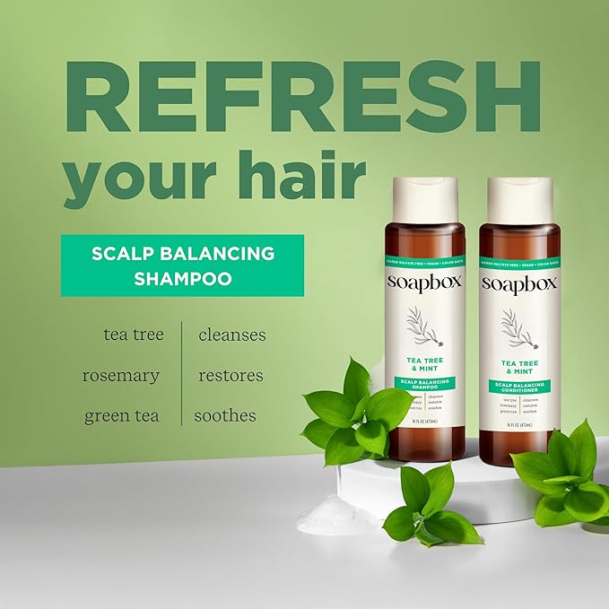 Soapbox Tea Tree Oil & Mint Shampoo & Conditioner Set, Leaves Hair & Scalp Balanced & Soothed - Clean Ingredients Free of Harsh Chemicals, Sulfates, Parabens & Silicones - 16 oz Each