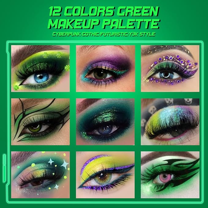 Green Eyeshadow Makeup Palette, 12 Colors Neon Emerald Green Glitter Holographic Eyeshadow with Matte Shimmer for Brown Eyes, Pigmented Silky Long Last Forest Eye Shadow for Witch, Shrek, Party, Vegan