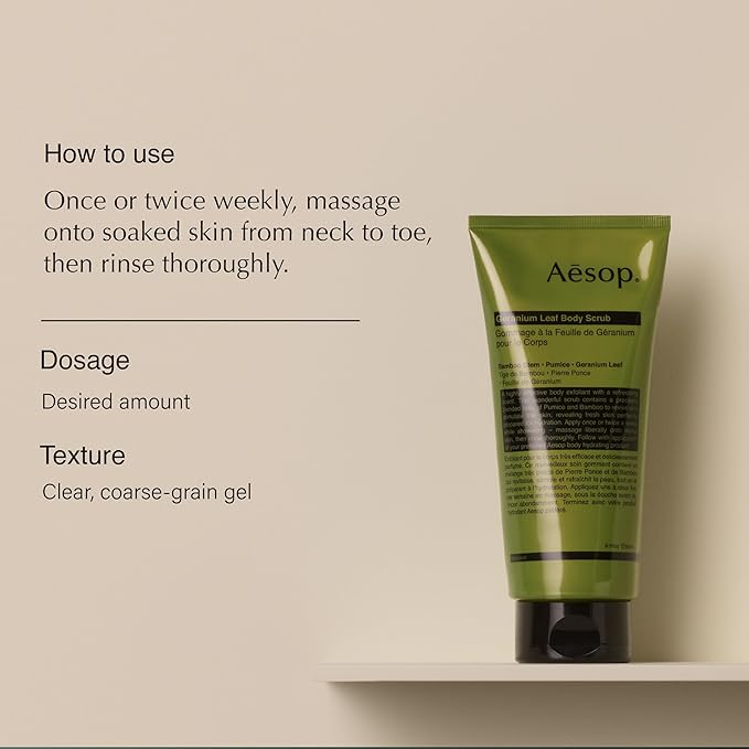 Aesop Geranium Leaf Body Scrub | Exfoliating Body Polish with Bamboo & Pumice | Smoothing, Cleansing Scrub for Dry, Rough Skin | Fresh Citrus, Green Aroma | 6.2 oz