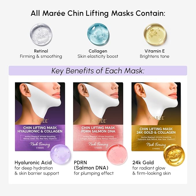 MAREE V Line Lifting Mask with 24K Gold – Deep Collagen Face Mask for Women – Jawline Shaper Mask with Retinol & Hyaluronic Acid – Neck Tightening & Firming - Double Chin Strap for Face Lift - 2 pack
