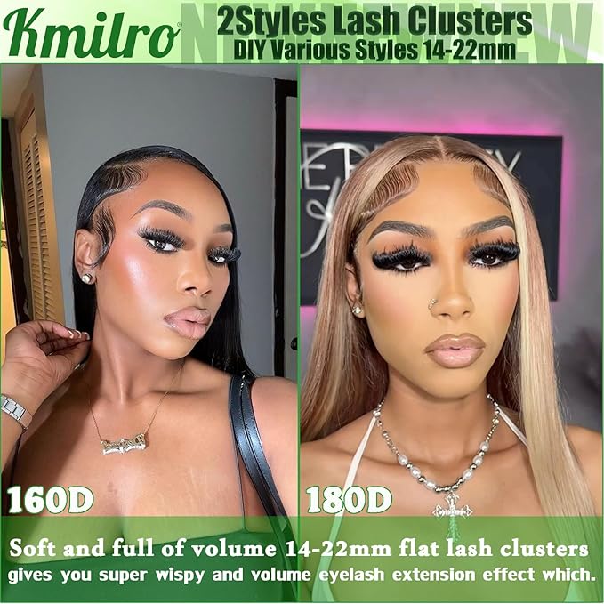 Volume Lash Clusters 160D+180D Flat Eyelash Clusters Thick 14-22mm Cluster Eyelash Extensions 280Pcs Wispy Individual Lashes Soft Waterproof False Eyelashes DIY Lash Extension