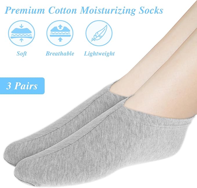 3 Pairs Foot Moisturiser Socks Overnight, Spa Cotton Socks for Foot Cream, Lotion Sock for Moisturising for Dry Feet Care, Moisturising Sock for Cracked Heel Repair Women Men (Grey)