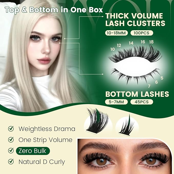 KEYYOU Lash Clusters Kit 0.03mm 300D D Curl 10-18mm Mix Thick Volume & Super Soft Upper and Manga Bottom Lash Clusters 145pcs with Bond and Seal,Applicator & Remover for DIY Lash Extension Kit at Home