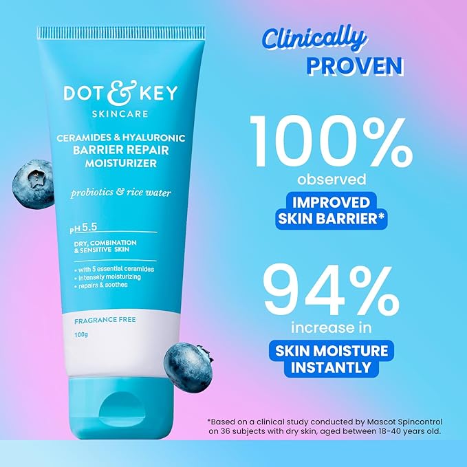 Dot & Key Ceramides Moisturizer with Hyaluronic for Intense Moisturizing and Skin Strengthening | With Probiotic & Rice Water I Barrier Repair Cream | For Dry Skin, Normal & Sensitive Skin | 100g
