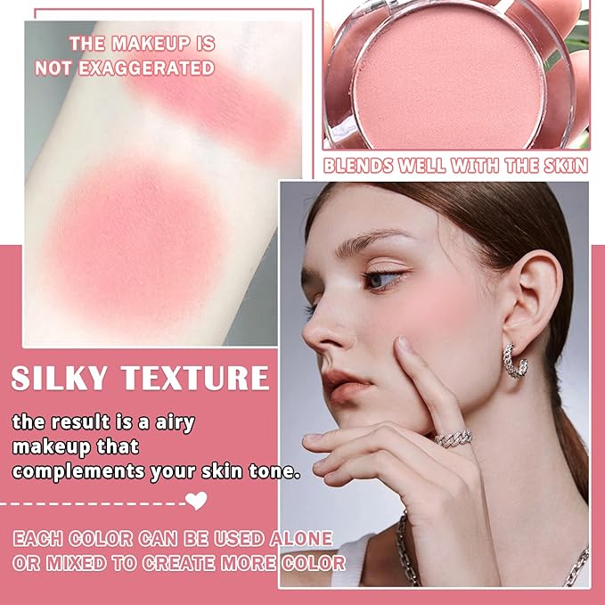 3Pcs Blush Palette for Cheeks with Make Up Brush,Face Matte Contour Blush Makeup Palette,Buildable Shimmer Facial Cheek Blusher Shades,Blendable Cosmetic Makeup Blush A
