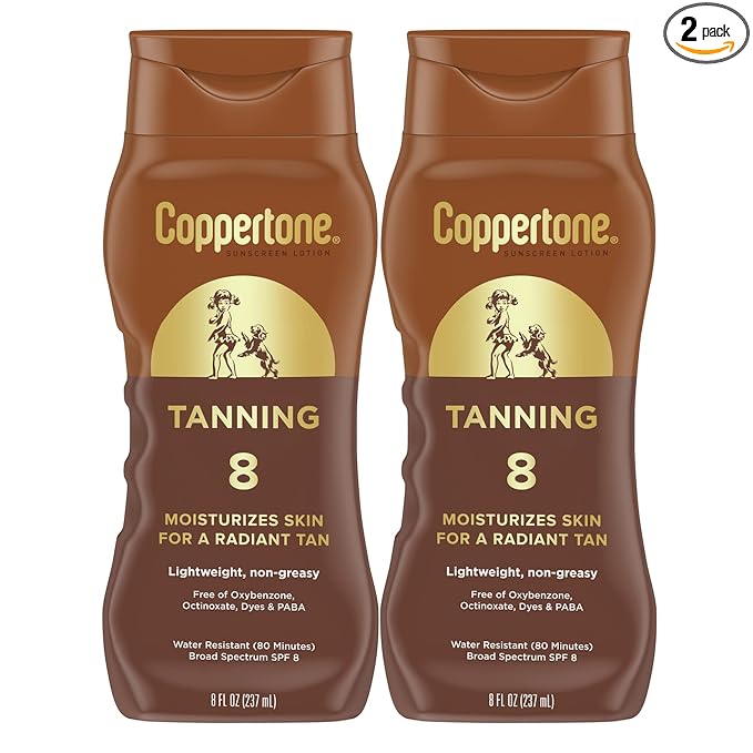 Coppertone Sunscreen Tanning Lotion SPF 8, Lightweight and Non Greasy Sunscreen, Water Resistant, Oxybenzone Free, Sun Tan Lotion Moisturizes Skin for a Radiant Tan, 8 Fl Oz Bottle, Pack of 2