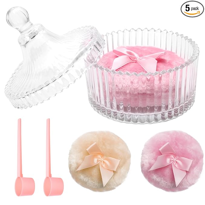 5 Pcs Large Body Powder Puff and Container Set, Anglecai 4 Inch Crystal Powder Puff Container for Body Powder Puff Dish with 2P Powder Puffs and 2P Spoon (Mongolian Yurt)