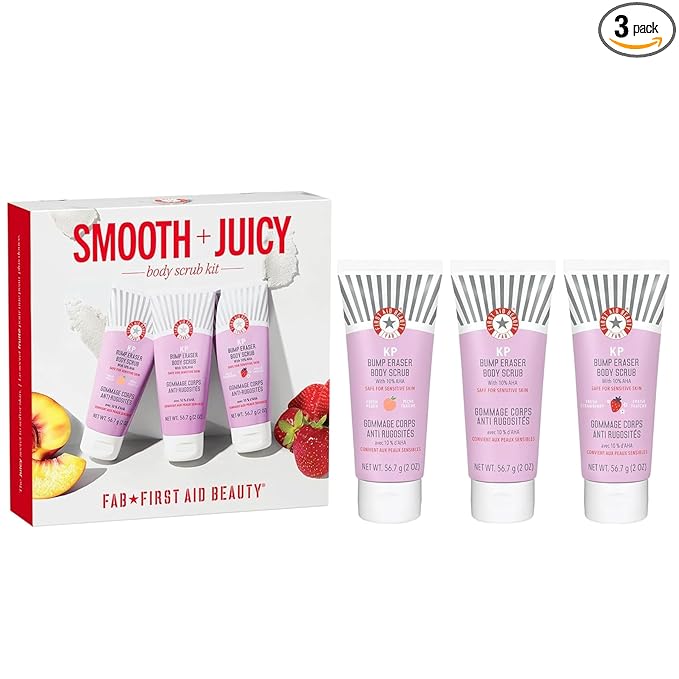 First Aid Beauty Smooth + Juicy Body Scrub Kit: KP Bump Eraser Body Scrub with 10% AHA, Daily Exfoliation Keratosis Pilaris Set to Help Reduce Chicken Skin Bumps; Strawberry, Peach, & Original (2 oz)