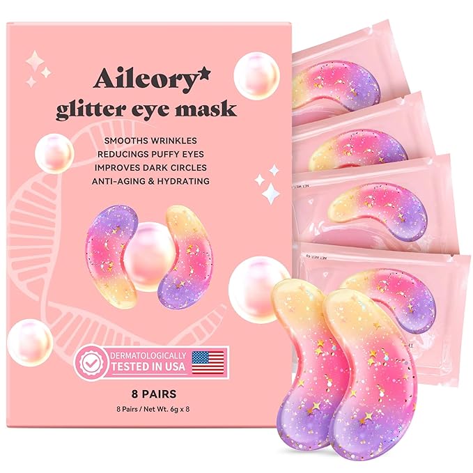 AILEORY Under Eye Patches (8 Pairs) - Tri-color Glitter Eye Gel Pads for Dark Circles, Puffy Eyes, Under eye Bags, Wrinkles | Natural Collagen Under Eye Mask Patches, Gel Under Eye Patches