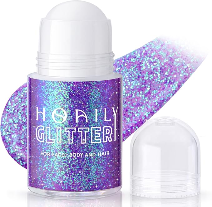 HOSAILY Roll-on Holographic Body Glitter Gel for Face Hair, Chameleon Color Changing Glitter Gel Under Light, Chunky Mermaid Sequins Festival Party Rave Accessories Shimmer Makeup (Purple)