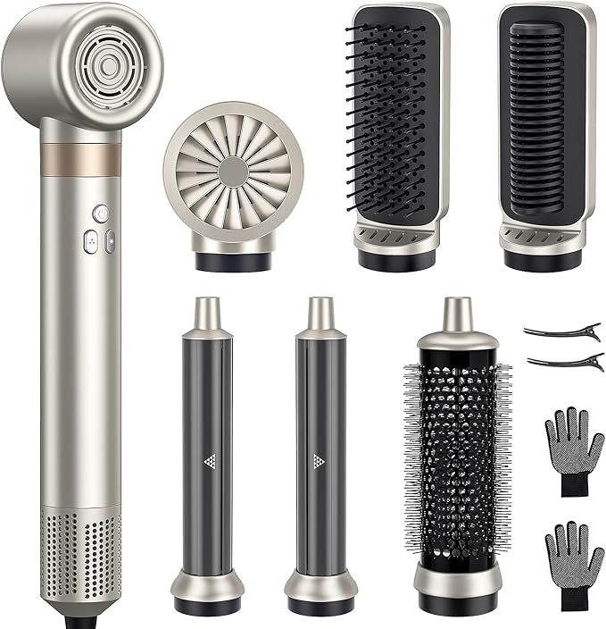 6-in-1 Hot Air Styler & Blow Dryer Brush, Ionic Hair Dryer Volumizer, Multi-Function with Interchangeable Attachments for Curling, Straightening & Fast Drying, Ideal Gift for Women(Champagne Gold)