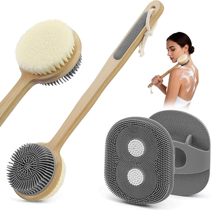 Back Scrubber for Shower + Body Scrubber 2 Pack - Dual Sided Silicone & Nylon Bristles Lather Well, Exfoliating Anti-Slip Wood Long Handle Back Scrubber Body Exfoliator for Wet/Dry Bath Brush Grey
