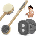 Back Scrubber for Shower + Body Scrubber 2 Pack - Dual Sided Silicone & Nylon Bristles Lather Well, Exfoliating Anti-Slip Wood Long Handle Back Scrubber Body Exfoliator for Wet/Dry Bath Brush Grey