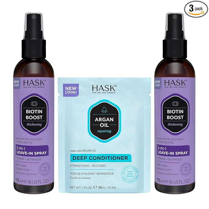 HASK Biotin Thicken 5-in-1 Leave-In Conditioner Duo (6oz-Qty 2) & Argan Oil Deep Conditioner Packette, Color Safe, Sulfate-Free, Paraben-Free, Gluten-Free, for All Hair Types