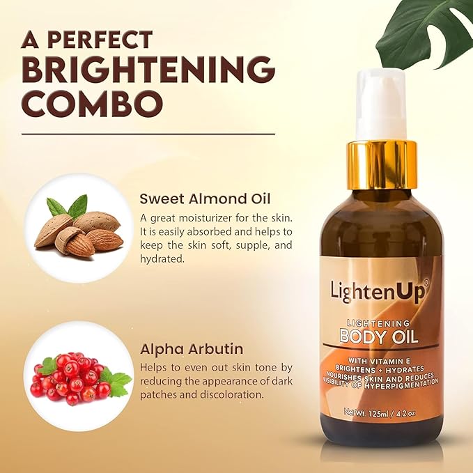 LightenUp, Skin Brightening Body Oil - 4.2 fl oz / 125 ml - Hyperpigmentation Body Seum, Dark Spot Remover, for Men and Women with Vitamin E, Shea Butter, Almond Oil
