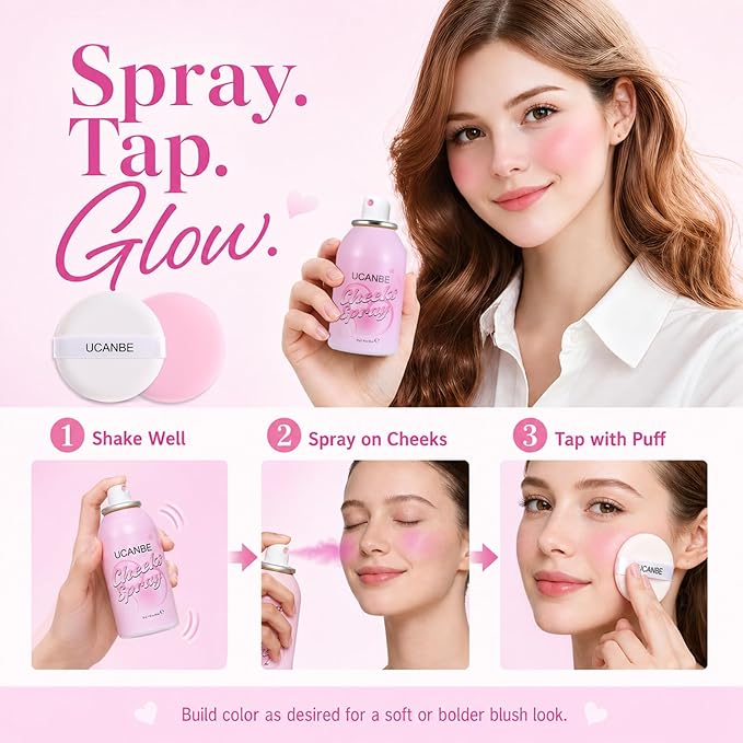 UCANBE Blush Spray with Puff, Hydrating Liquid Blush Mist for Cheeks - Soft Pigmented Buildable Blendable Breathable Blush, Healthy Dewy Glow Finish, Talc-Free, 01 Lavender (1.16 oz)
