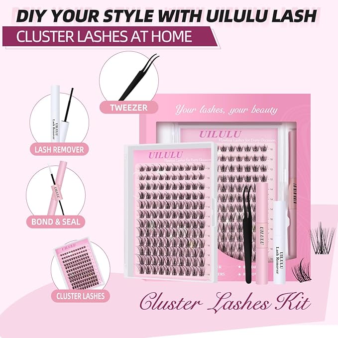 Natural Lash Clusters Kit with Spikes 10-18mm Mix D Curl DIY Extension Eye Natural Lashes False Wispy EyeLash Cluster with Bond & Seal, Glue Remover, Tweezers (U27 Lash Kit)