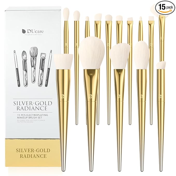 DUcare 15 Piece Professional Makeup Brush Set, Silver-Gold Radiance Synthetic Brushes for Full Face & Eye, Complete Cosmetic Kit with Reusable Storage Holder