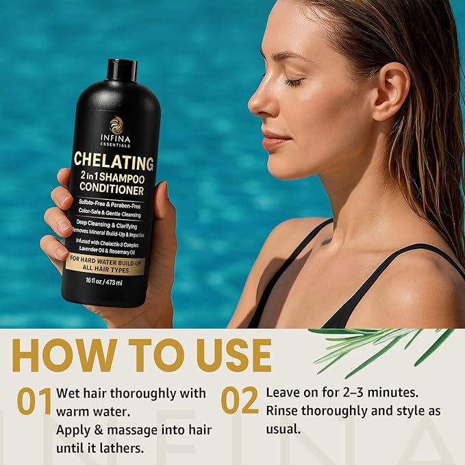 INFINA ESSENTIALS Hard Water Shampoo and Conditioner 2-in-1 | Chelating Cleanser for Mineral Buildup Removal | Sulfate-Free, Color Safe | Chelactik-3 Complex, Rosemary Oil & Vitamin E | 16 fl oz
