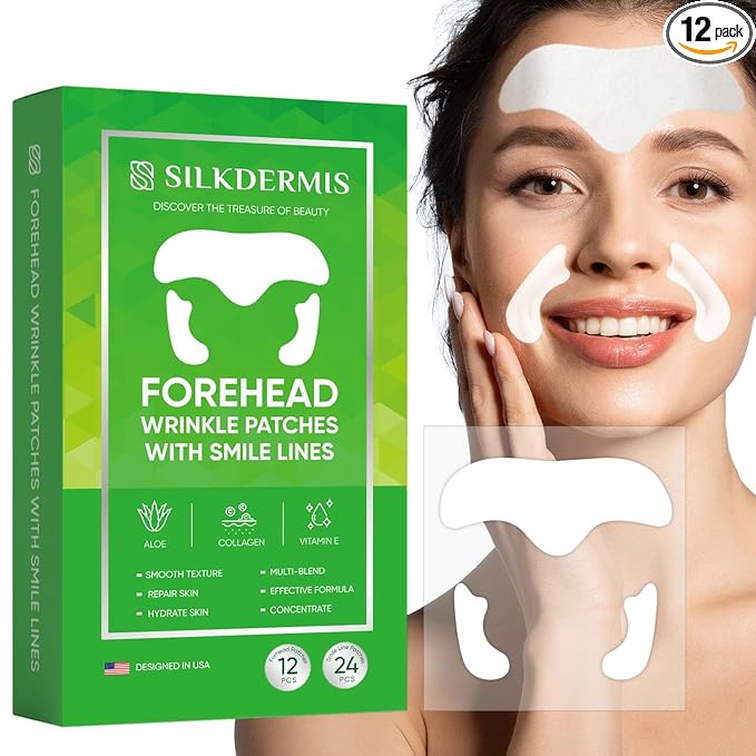 SILKDERMIS Forehead Wrinkle Patches 12Pcs, Smile Line Patches 24pcs with Aloe, Collagen, Vitamin E, Anti Wrinkle Patches, Anti Wrinkle Patches