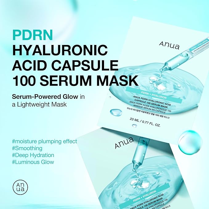 Anua PDRN Hyaluronic Acid Capsule 100 Serum Mask, Hydrating Face Mask for Glass Skin, Dewy Glow and Firm Looking Skin, Salmon DNA PDRN and Collagen, Korean Skin Care(10EA)