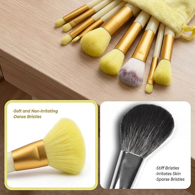 10 Sets Makeup Brushes with 13 Travel-Size Brushes & Pouch, Professional Mini Face Brush Set for Daily Makeup, Parties, Travel(10pc,yellow)