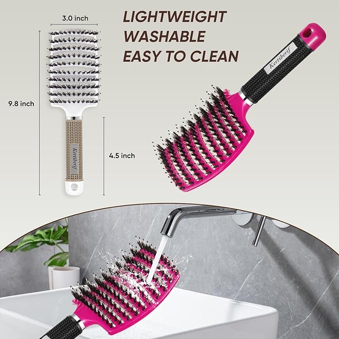Boar Bristle Hair Brush 2PCS, Curved Vented Detangling Brush for Wet and Dry Hair, Styling Paddle Hairbrush for Women Men Kids Curly Straight Thick Long or Short Hair