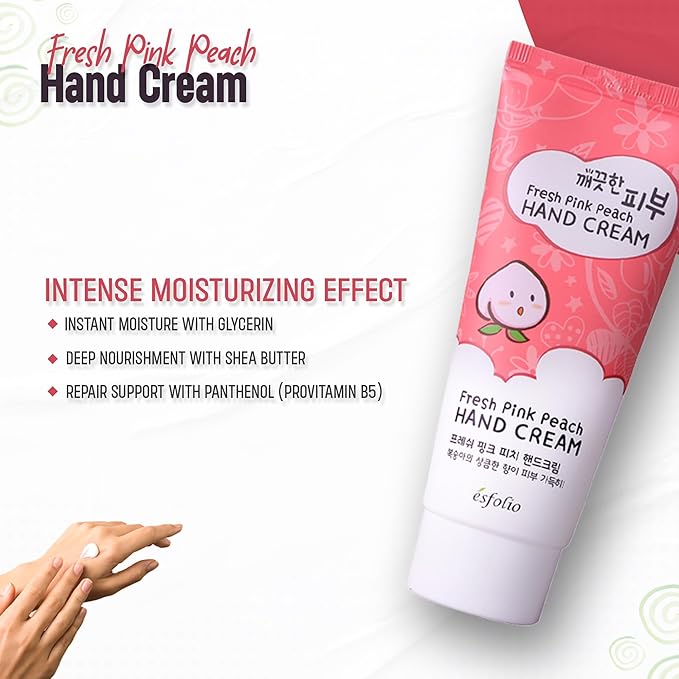 esfolio Fresh Pink Peach Hand Cream – Moisturizing Korean Hand Lotion with Peach & Apricot Extracts – Softens, Hydrates & Smooths Dry Skin – Lightweight Non-Greasy Formula (3.38 OZ/100ML)