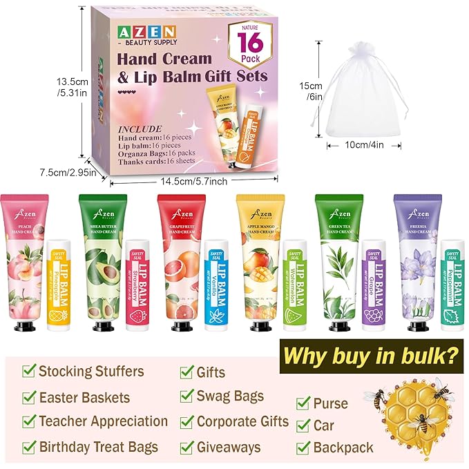 AZEN 16 Sets Bulk Gifts, Hand Cream and Lip Balm Bulk Set with Organza Bag Thank You Card, Baby Shower Wedding Gift for Guests, Bridal Wedding Favors for Guests, Mothers Day Gifts Stocking Stuffers