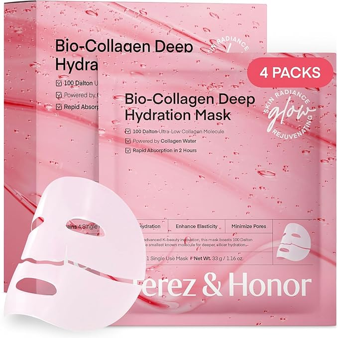 TEREZ & HONOR Real Deep Bio Collagen Face Mask - 4 x 33g Korean Hydrogel Overnight Masks for Deep Hydration, Glowing, Pore Minimizing, Elasticity, Fragrance-Free, 100 Da Ultra-Low Molecular Collagen