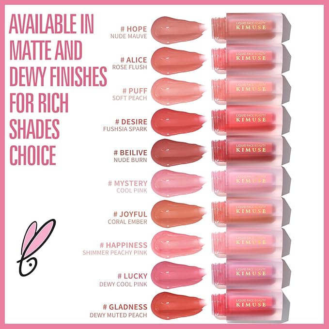KIMUSE Liquid Blush, Long-Wearing Pigmented Soft Cream Face Blush, Waterproof, Smudge Proof, Dewy Finish