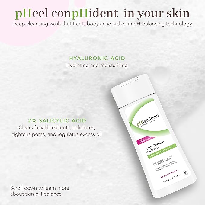 pHisoderm Anti-Blemish Body Wash For Acne-Prone Skin, pH Balanced Body Wash, Salicylic Acid, Hyaluronic Acid, 10 Fl Oz (3 x 10 fl oz)