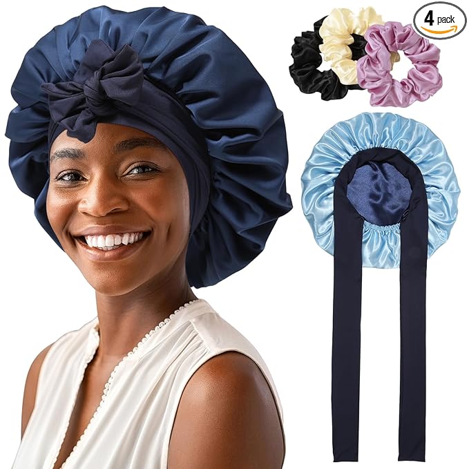 Reversible Satin Bonnet for Women with 3PCS Hair Scrunchies Tie Band Hat for Sleep Large 2 Layered Silk Nightcap (Reversible (Navy/Lake Blue))