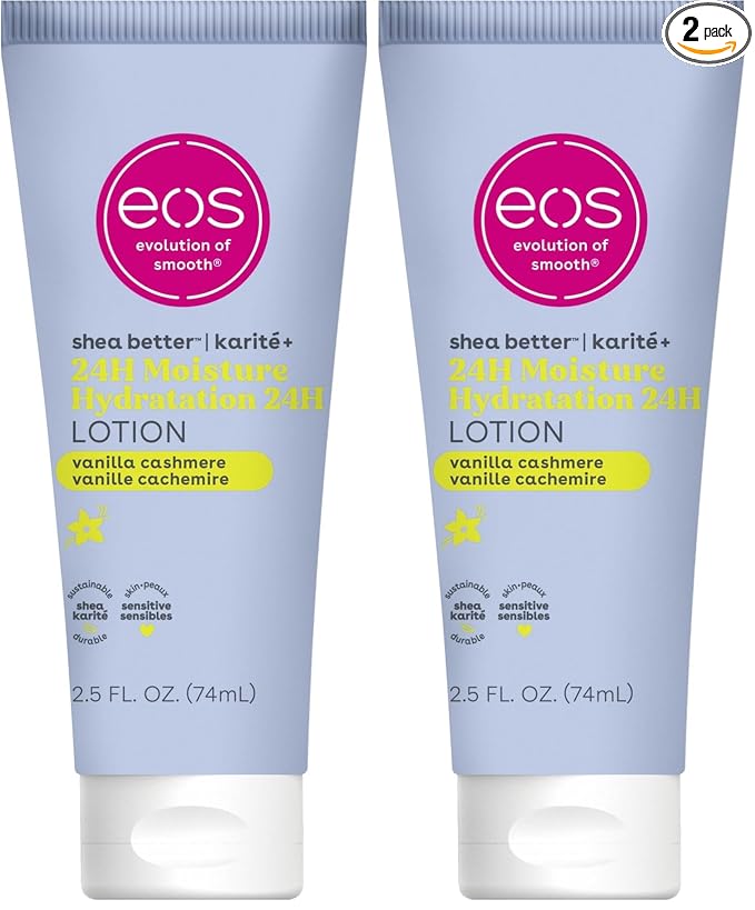 eos 24H Moisture Travel Body Lotion- Vanilla Cashmere, Travel Size Essential, Toiletries, Mini Body Lotion For Dry Skin, 2.5 fl oz (Pack of 2)
