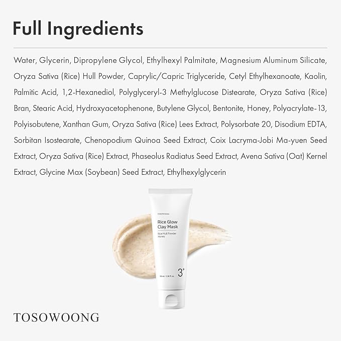 TOSOWOONG Rice Glow Clay Mask, 3% Korean Rice Wash-Off Mask & Exfoliating Scrub, Kaolin Mud for Pore Minimizing, Sebum Control, Honey Instant Glow, Glass Skin, Korean Skincare, 100 ml / 3.38 fl. oz.