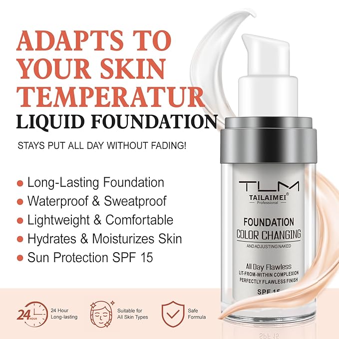 2PCS Flawless Colour Changing Warm Skin Tone Foundation, Naturally Blends Moisturizing foundation makeup, Long Lasting Waterproof Lightweight Liquid Foundation SPF 15 for Face Makeup