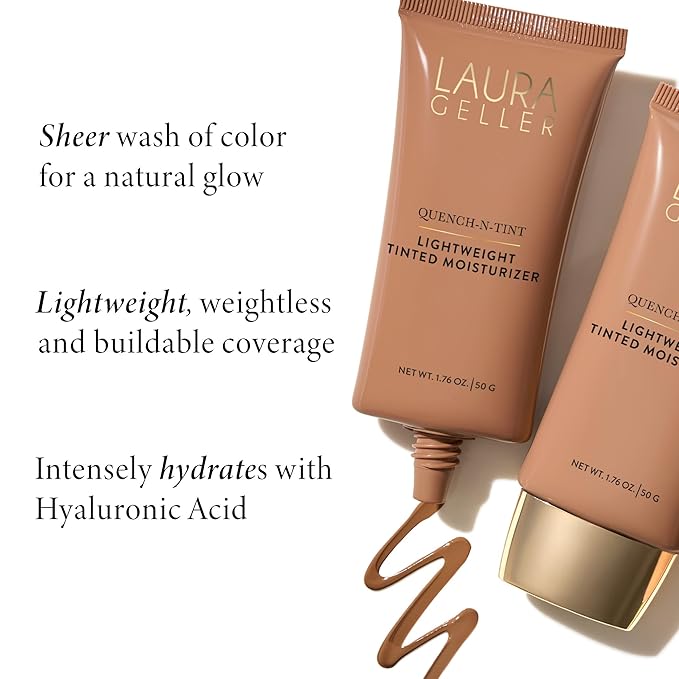 LAURA GELLER NEW YORK Quench-n-Tint Hydrating Tinted Moisturizer - Medium/Deep - Sheer to Light Buildable Coverage - Natural Glow Finish Foundation - Lightweight Formula with Hyaluronic Acid