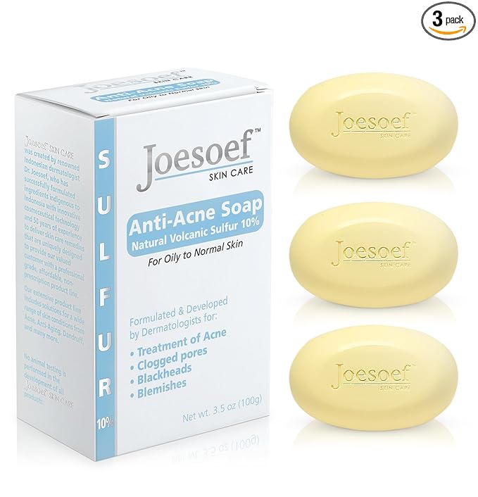 Joesoef Anti-Acne Soap, Natural Volcanic Sulfur 10%, for Oily to Normal Skin, 3.5-Ounces (Pack of 3)