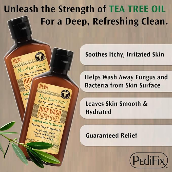 PediFix Nurturesce Jock Wash Shower Gel, 6 Fluid Ounce - Tea Tree Oil Enriched, Anti-Fungal, Soothes Itchy Irritated Skin, Natural Body Wash (Packaging May Vary)
