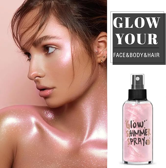 HOSAILY Body Glitter Spray - Pink Body Shimmer for Face, Hair & Body, Moisturizing Luminizer Glow Illuminator, Quick-Drying Sparkling Glitter Spray Liquid Highlighter Makeup (#07)