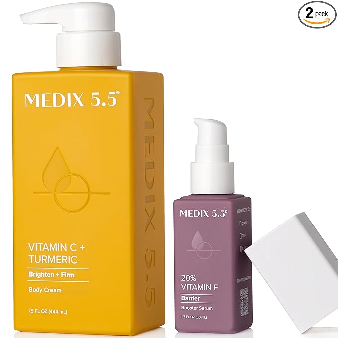 MEDIX Vitamin C Cream + Vitamin F Booster Serum Body Lotion Moisturizer 2PC Skin Care Set | Firming & Brightening Cream Diminishes Uneven Skin Tone, Age Spots, Dry Skin, & Sun Damage, 2PC Bundle