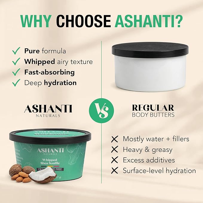 Ashanti Naturals Scented Whipped Shea Butter | African Body Butter for Men w/Coconut and Almond Oil (Fragrance Free Souffle, 8 oz)