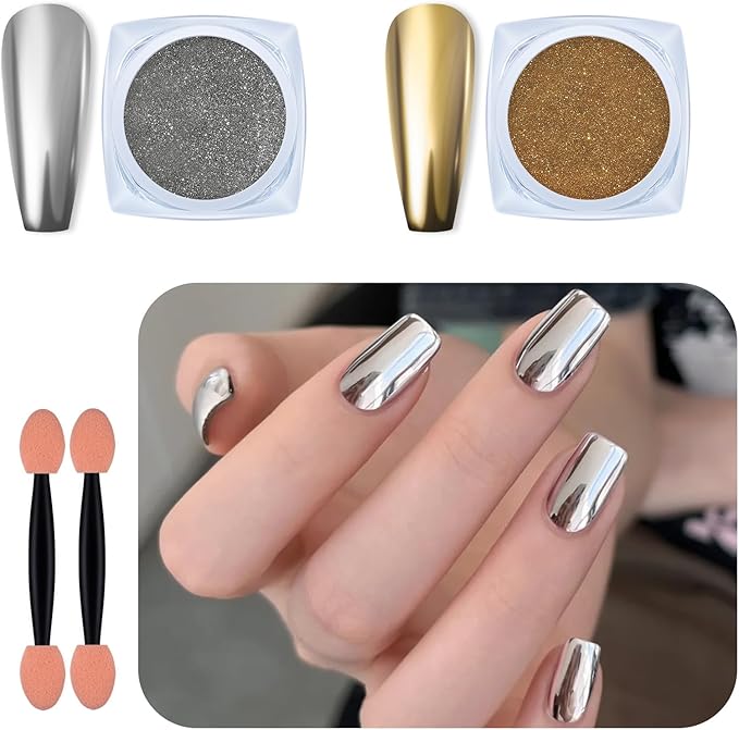 Artdone 2 Jars Chrome Nail Pearl Powder Silver and Gold, Iridescent Aurora Powder Metallic Mirror Effect Pigment Pearlescent Mermaid Pearl Dust Kit, Decoration Acrylic Resin Craft