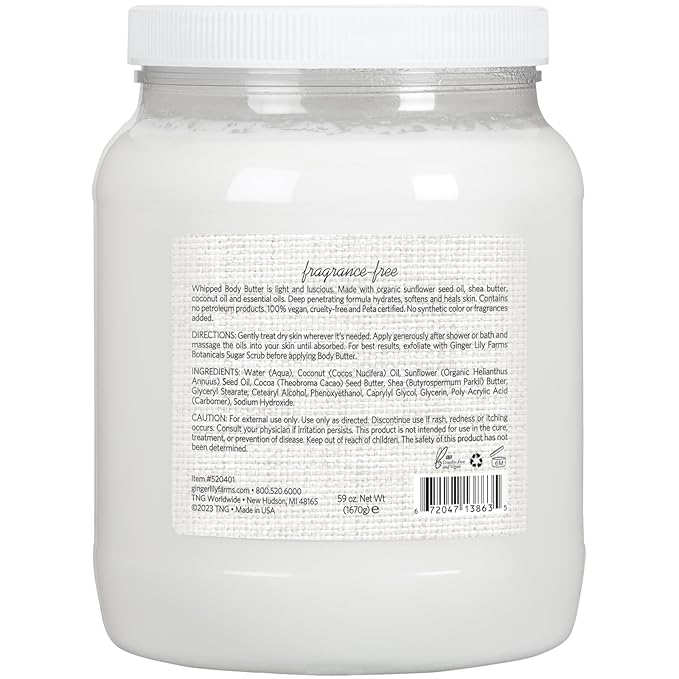Ginger Lily Farms Botanicals Whipped Body Butter for Dry Skin, Ultra-Hydrating, 100% Vegan & Cruelty-Free, Fragrance-Free, 59 Ounces