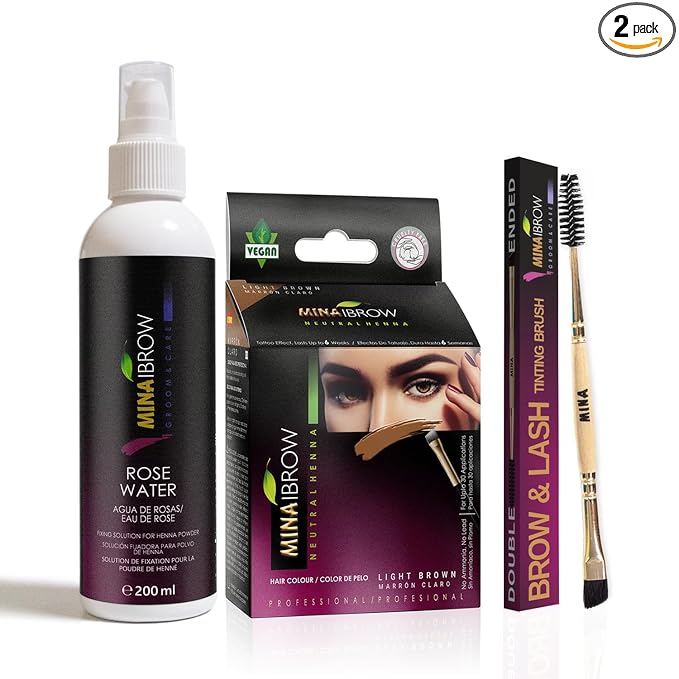 MinaiBrow Instant Hair Dye Kit Light Brown | 100% Grey Coverage Upto 30 Applications, Natural Spot Coloring Tinting Powder with Rose Water & Duo Angled Brush, Water & Smudge Proof
