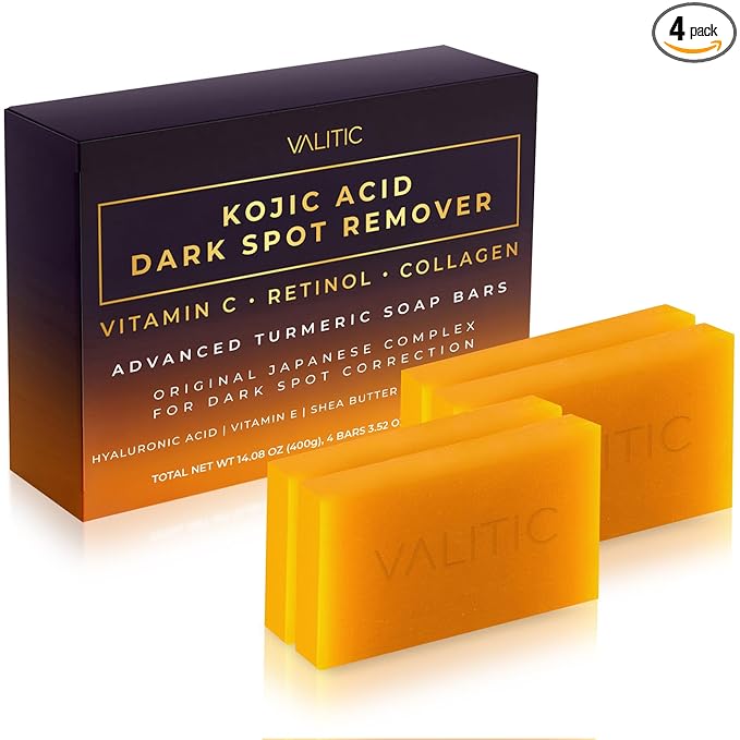 VALITIC Kojic Acid Dark Spot Remover Soap Bars with Vitamin C, Retinol, Collagen, Turmeric - Original Japanese Complex Infused Hyaluronic Acid, E, Shea Butter, Castile Olive Oil (4 Pack)