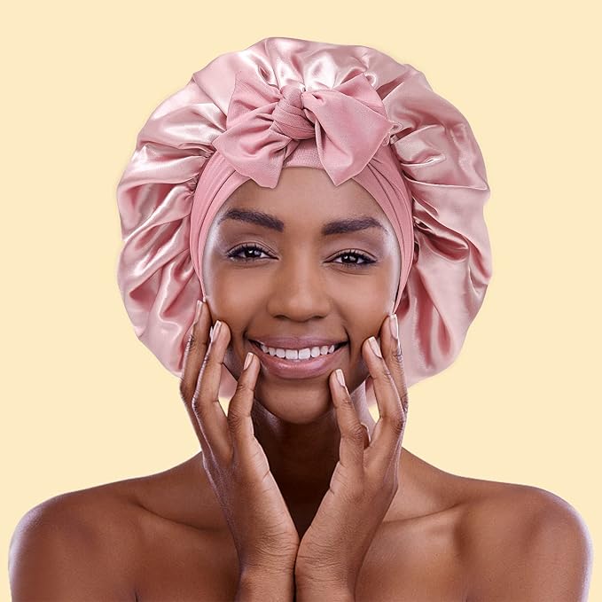 Satin Bonnet for Women - Tie Band Hair Bonnet Large 2 Layered Silk Sleeping Cap Nightcap with 3PCS Hair Scrunchies (Dust Rose)